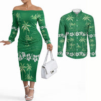 Green Hawaii Palm Tree Hibiscus Couples Matching Off The Shoulder Long Sleeve Dress and Long Sleeve Button Shirt Fantasy Summer Vibe