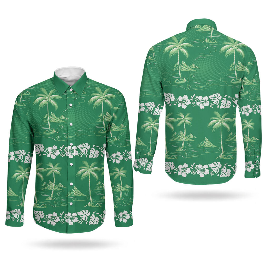 Green Hawaii Palm Tree Hibiscus Couples Matching Off The Shoulder Long Sleeve Dress and Long Sleeve Button Shirt Fantasy Summer Vibe