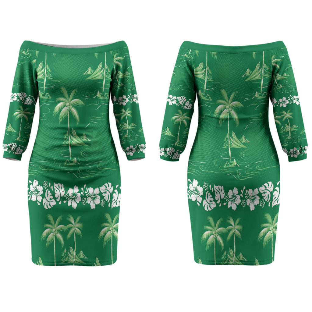 Green Hawaii Palm Tree Hibiscus Couples Matching Off The Shoulder Long Sleeve Dress and Long Sleeve Button Shirt Fantasy Summer Vibe