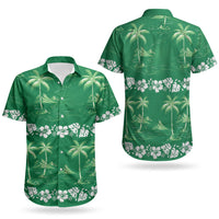 Green Hawaii Palm Tree Hibiscus Couples Matching Puletasi and Hawaiian Shirt Fantasy Summer Vibe