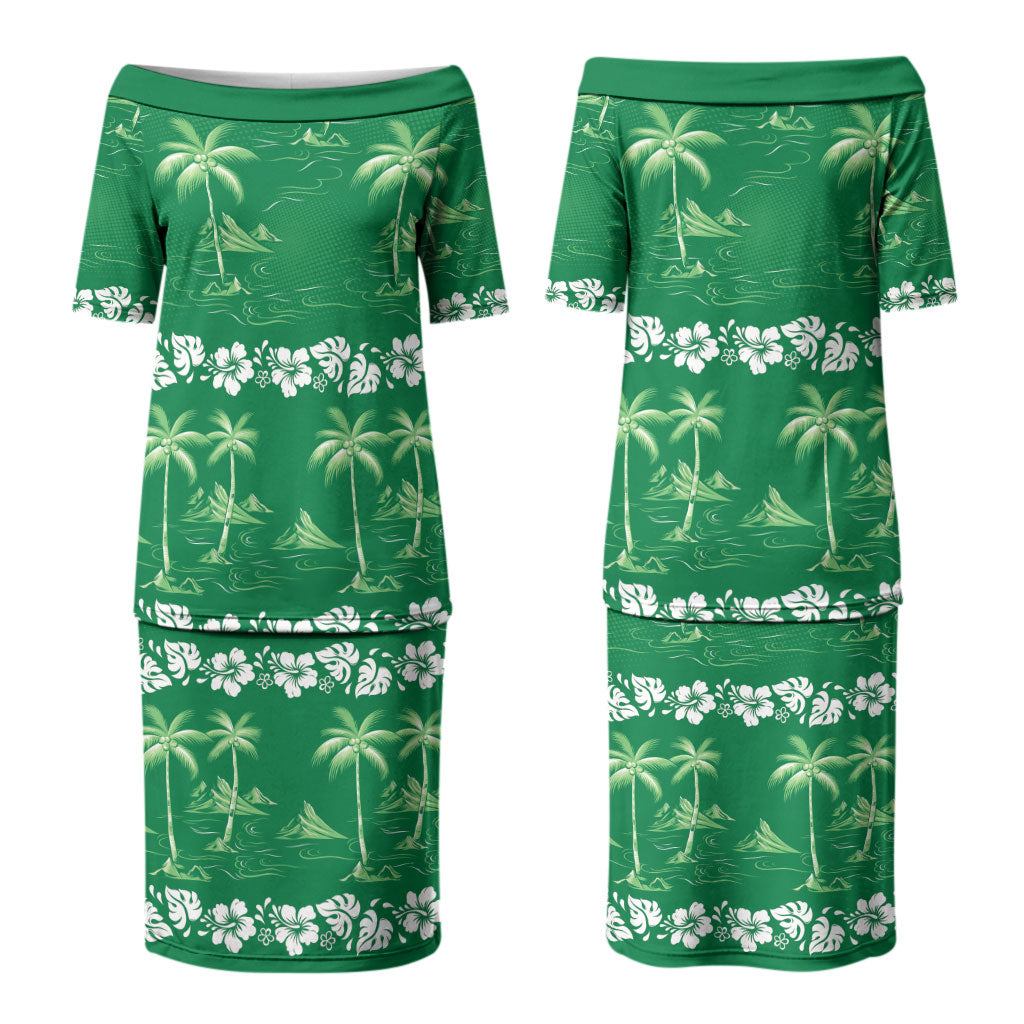 Green Hawaii Palm Tree Hibiscus Couples Matching Puletasi and Hawaiian Shirt Fantasy Summer Vibe