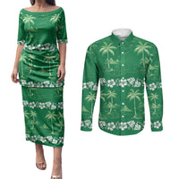 Green Hawaii Palm Tree Hibiscus Couples Matching Puletasi and Long Sleeve Button Shirt Fantasy Summer Vibe