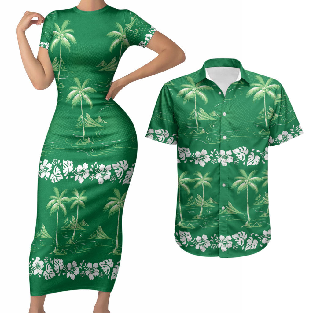 Green Hawaii Palm Tree Hibiscus Couples Matching Short Sleeve Bodycon Dress and Hawaiian Shirt Fantasy Summer Vibe