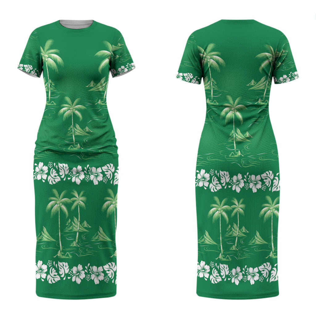 Green Hawaii Palm Tree Hibiscus Couples Matching Short Sleeve Bodycon Dress and Hawaiian Shirt Fantasy Summer Vibe