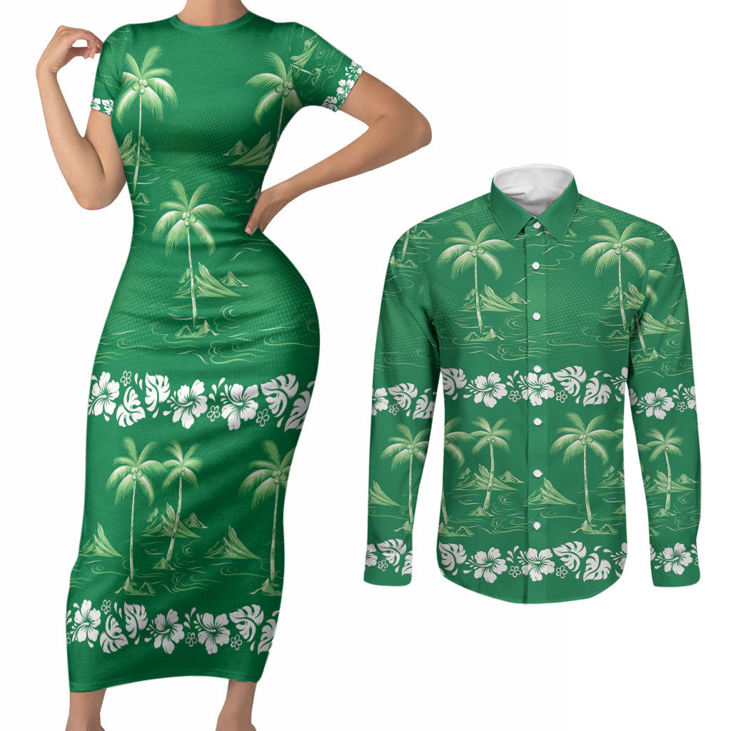 Green Hawaii Palm Tree Hibiscus Couples Matching Short Sleeve Bodycon Dress and Long Sleeve Button Shirt Fantasy Summer Vibe