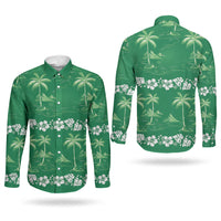 Green Hawaii Palm Tree Hibiscus Couples Matching Short Sleeve Bodycon Dress and Long Sleeve Button Shirt Fantasy Summer Vibe