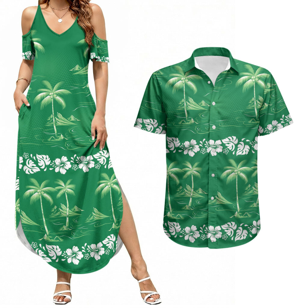 Green Hawaii Palm Tree Hibiscus Couples Matching Summer Maxi Dress and Hawaiian Shirt Fantasy Summer Vibe