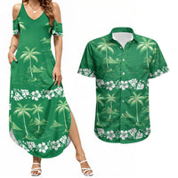 Green Hawaii Palm Tree Hibiscus Couples Matching Summer Maxi Dress and Hawaiian Shirt Fantasy Summer Vibe