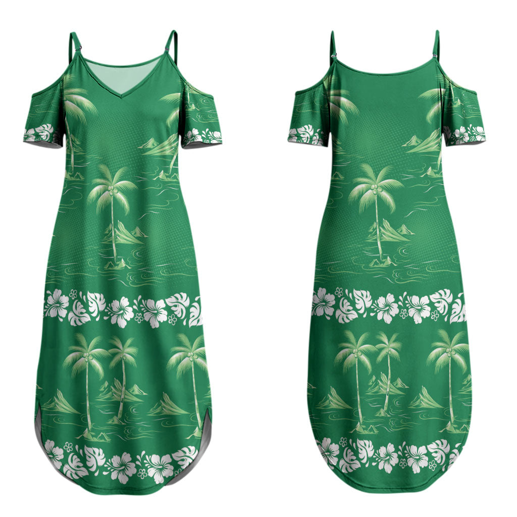 Green Hawaii Palm Tree Hibiscus Couples Matching Summer Maxi Dress and Hawaiian Shirt Fantasy Summer Vibe
