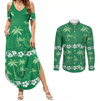 Green Hawaii Palm Tree Hibiscus Couples Matching Summer Maxi Dress and Long Sleeve Button Shirt Fantasy Summer Vibe
