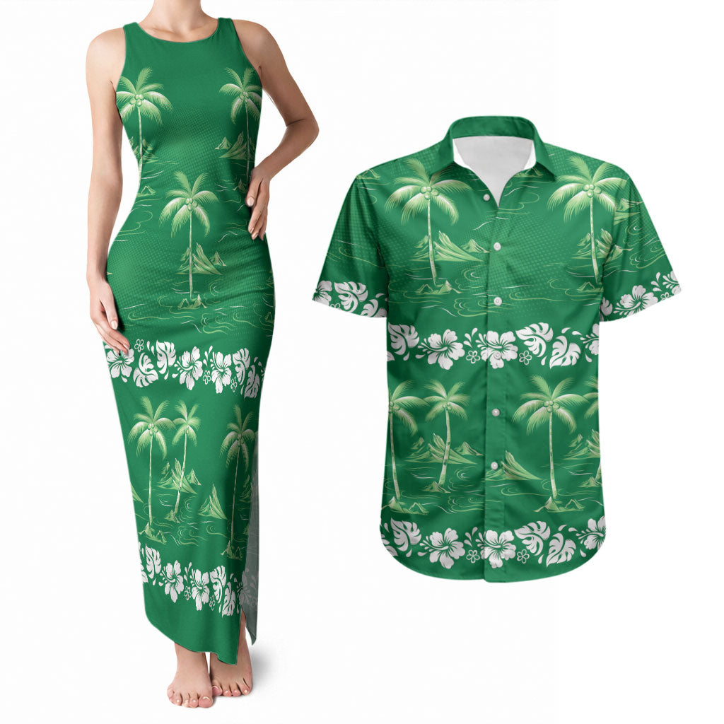 Green Hawaii Palm Tree Hibiscus Couples Matching Tank Maxi Dress and Hawaiian Shirt Fantasy Summer Vibe