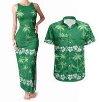 Green Hawaii Palm Tree Hibiscus Couples Matching Tank Maxi Dress and Hawaiian Shirt Fantasy Summer Vibe