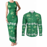 Green Hawaii Palm Tree Hibiscus Couples Matching Tank Maxi Dress and Long Sleeve Button Shirt Fantasy Summer Vibe