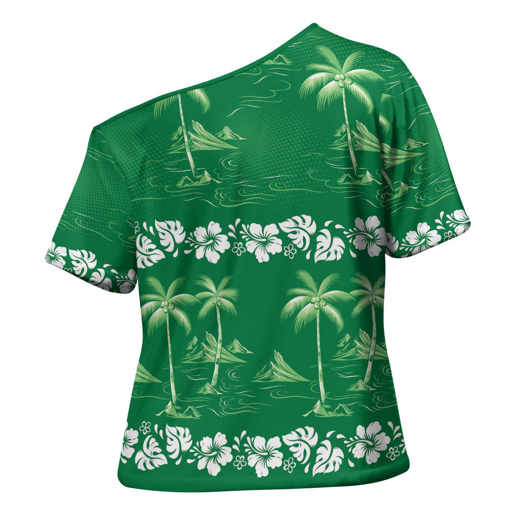 Green Hawaii Palm Tree Hibiscus Cross Shoulder Shirt Fantasy Summer Vibe