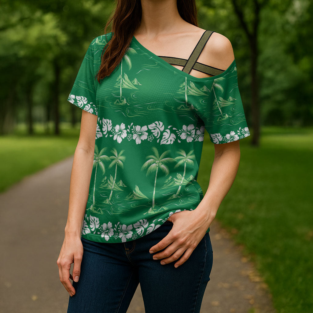 Green Hawaii Palm Tree Hibiscus Cross Shoulder Shirt Fantasy Summer Vibe