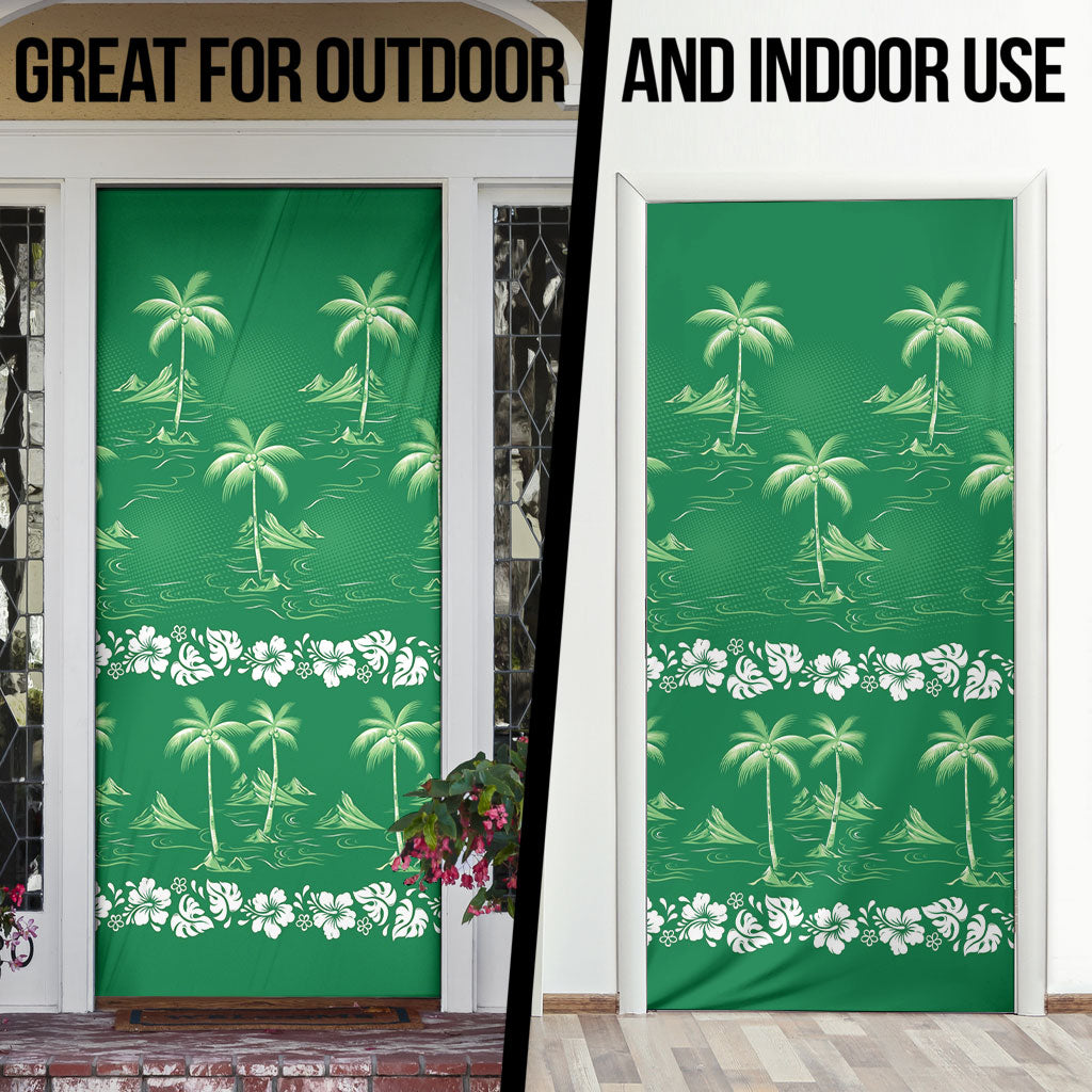 Green Hawaii Palm Tree Hibiscus Door Cover Fantasy Summer Vibe
