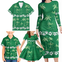 Green Hawaii Palm Tree Hibiscus Family Matching Long Sleeve Bodycon Dress and Hawaiian Shirt Fantasy Summer Vibe