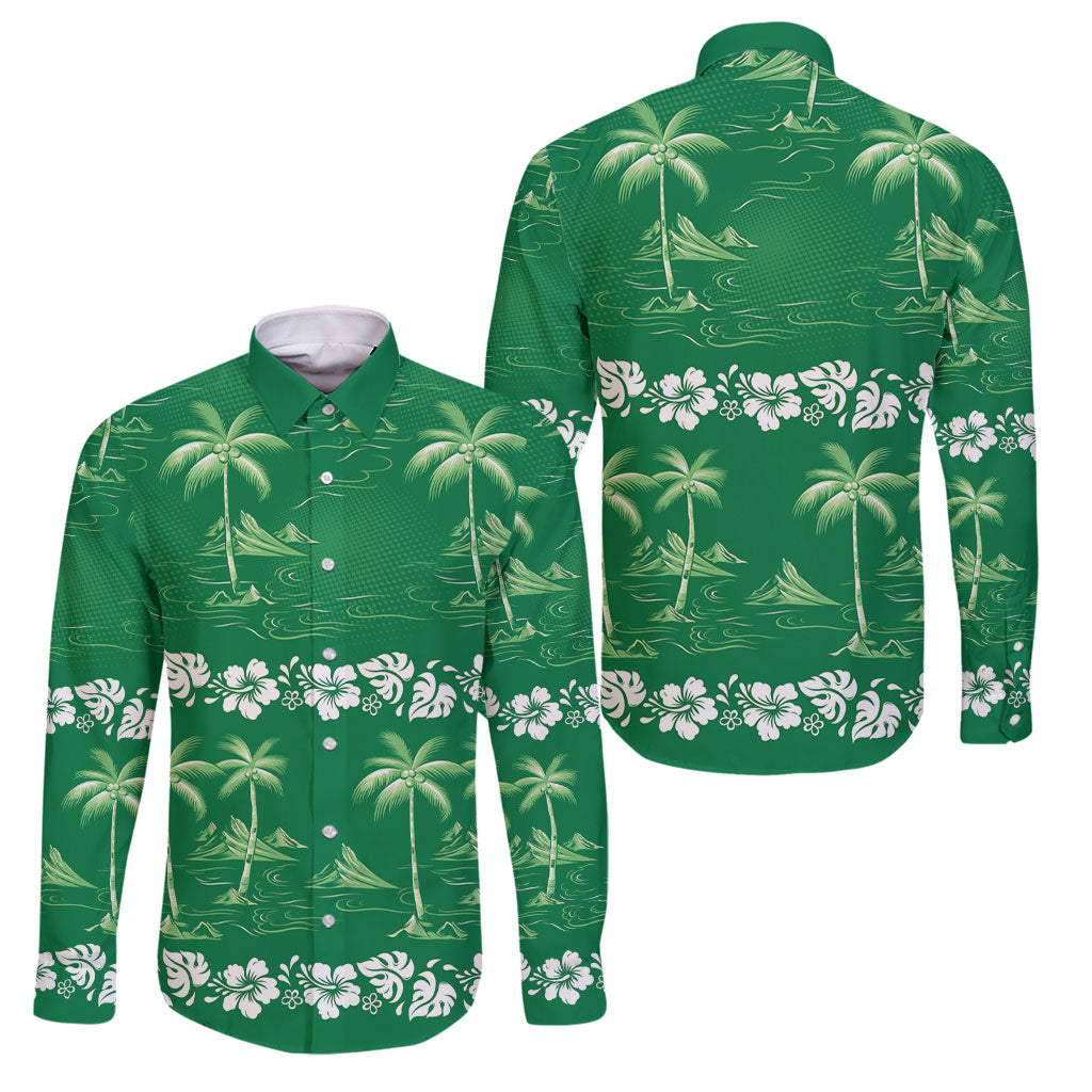 Green Hawaii Palm Tree Hibiscus Family Matching Long Sleeve Bodycon Dress and Hawaiian Shirt Fantasy Summer Vibe