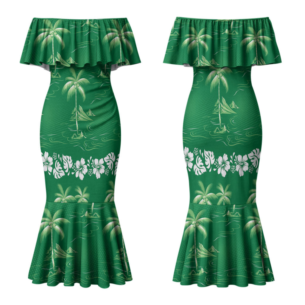 Green Hawaii Palm Tree Hibiscus Family Matching Mermaid Dress and Hawaiian Shirt Fantasy Summer Vibe