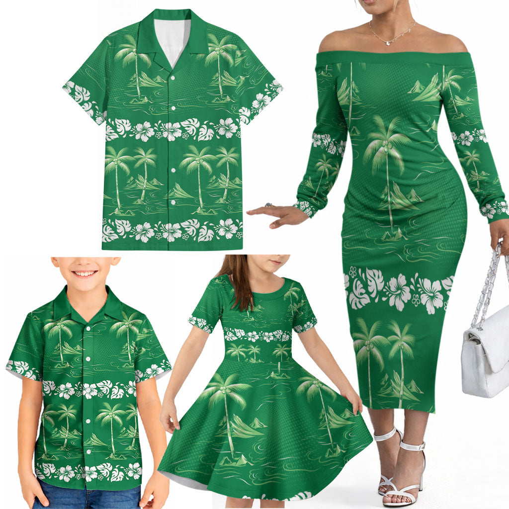 Green Hawaii Palm Tree Hibiscus Family Matching Off The Shoulder Long Sleeve Dress and Hawaiian Shirt Fantasy Summer Vibe