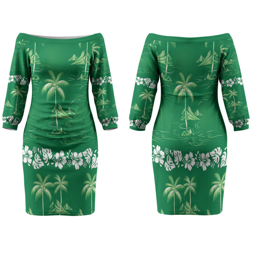 Green Hawaii Palm Tree Hibiscus Family Matching Off The Shoulder Long Sleeve Dress and Hawaiian Shirt Fantasy Summer Vibe
