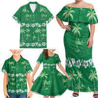 Green Hawaii Palm Tree Hibiscus Family Matching Off Shoulder Maxi Dress and Hawaiian Shirt Fantasy Summer Vibe