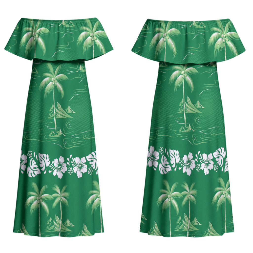 Green Hawaii Palm Tree Hibiscus Family Matching Off Shoulder Maxi Dress and Hawaiian Shirt Fantasy Summer Vibe