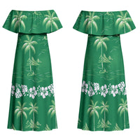 Green Hawaii Palm Tree Hibiscus Family Matching Off Shoulder Maxi Dress and Hawaiian Shirt Fantasy Summer Vibe