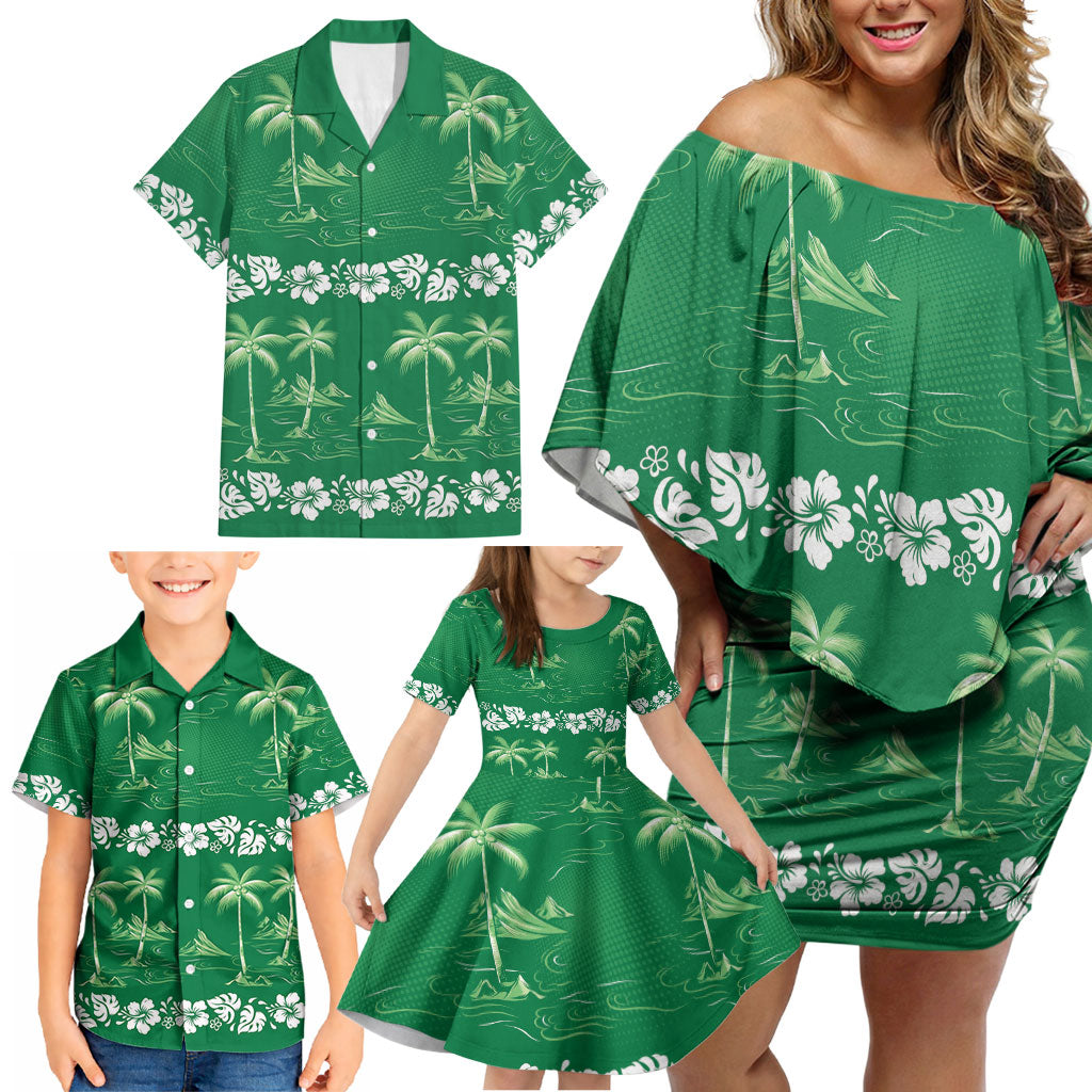 Green Hawaii Palm Tree Hibiscus Family Matching Off Shoulder Short Dress and Hawaiian Shirt Fantasy Summer Vibe