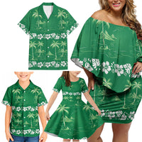 Green Hawaii Palm Tree Hibiscus Family Matching Off Shoulder Short Dress and Hawaiian Shirt Fantasy Summer Vibe