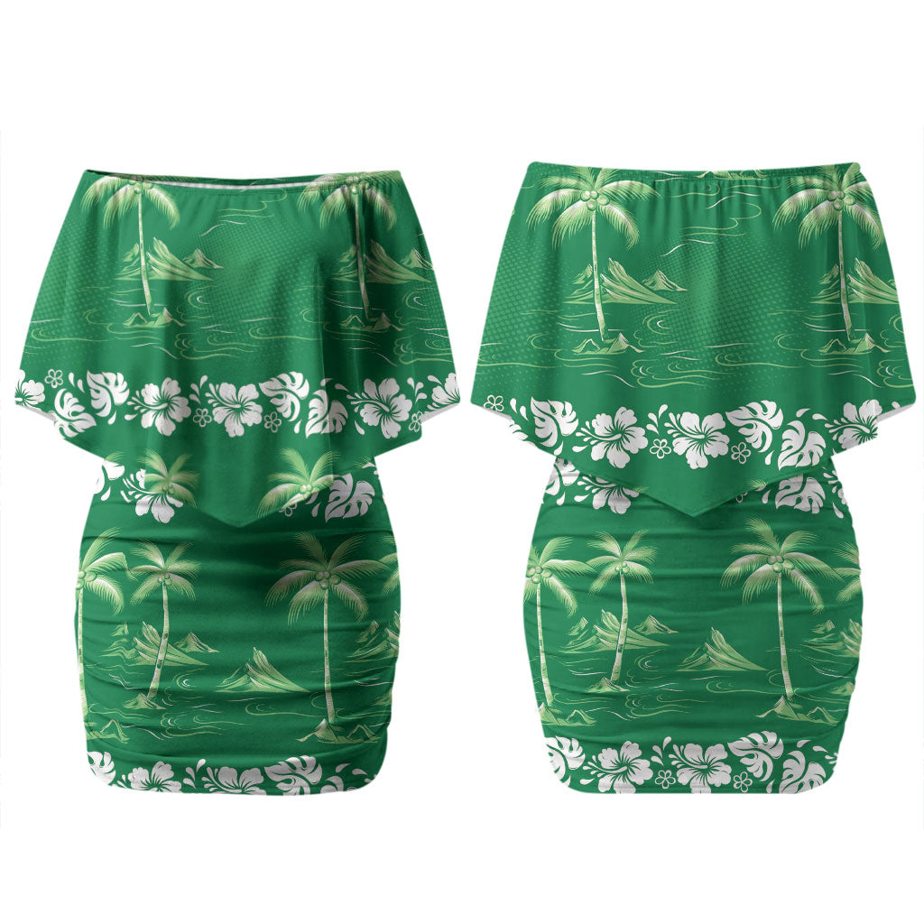 Green Hawaii Palm Tree Hibiscus Family Matching Off Shoulder Short Dress and Hawaiian Shirt Fantasy Summer Vibe