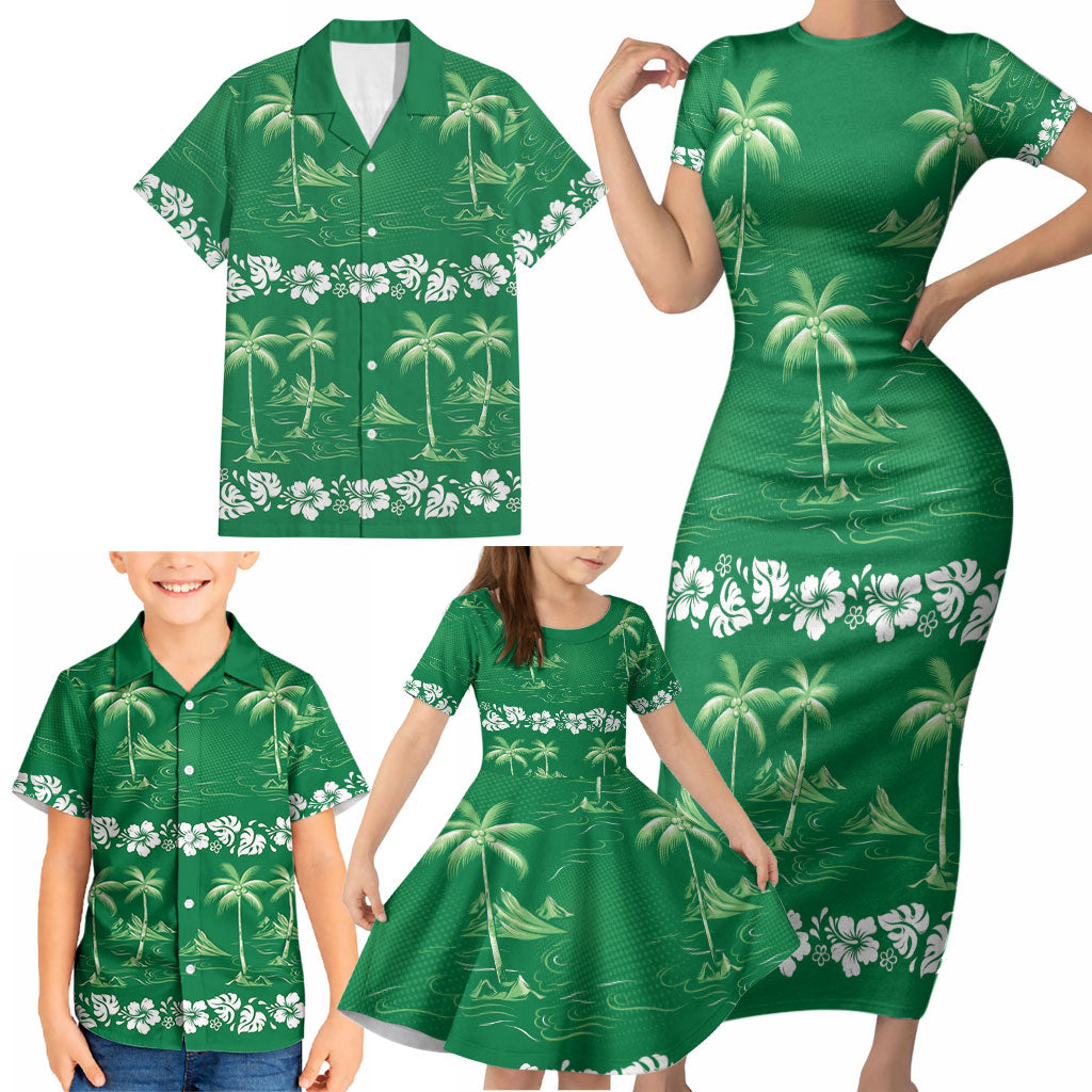Green Hawaii Palm Tree Hibiscus Family Matching Short Sleeve Bodycon Dress and Hawaiian Shirt Fantasy Summer Vibe