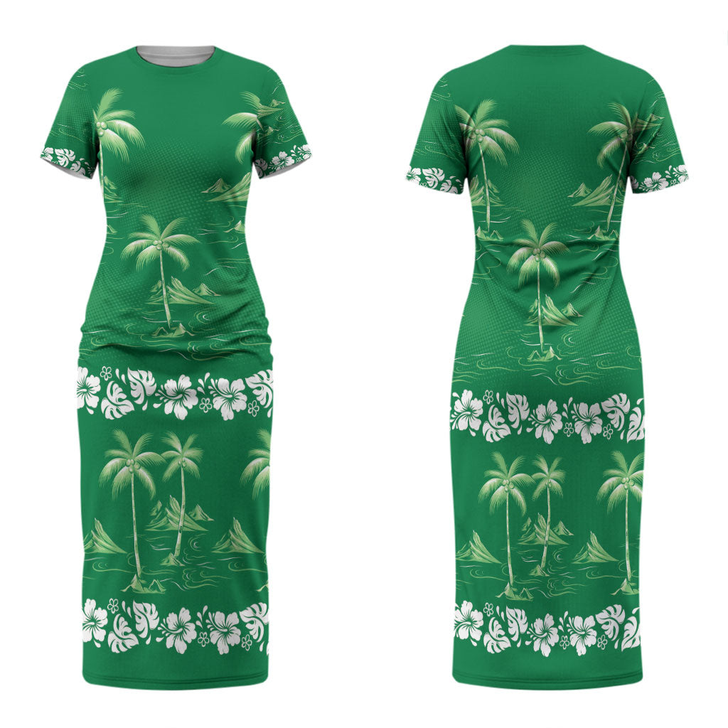 Green Hawaii Palm Tree Hibiscus Family Matching Short Sleeve Bodycon Dress and Hawaiian Shirt Fantasy Summer Vibe