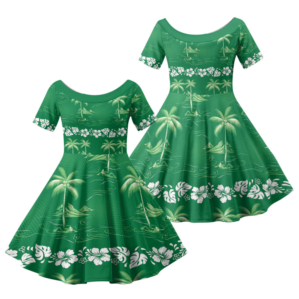 Green Hawaii Palm Tree Hibiscus Family Matching Short Sleeve Bodycon Dress and Hawaiian Shirt Fantasy Summer Vibe