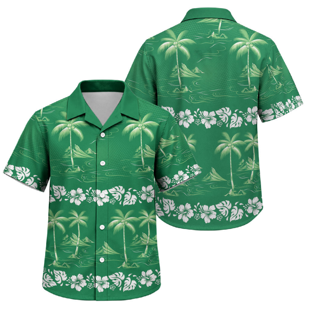 Green Hawaii Palm Tree Hibiscus Family Matching Short Sleeve Bodycon Dress and Hawaiian Shirt Fantasy Summer Vibe