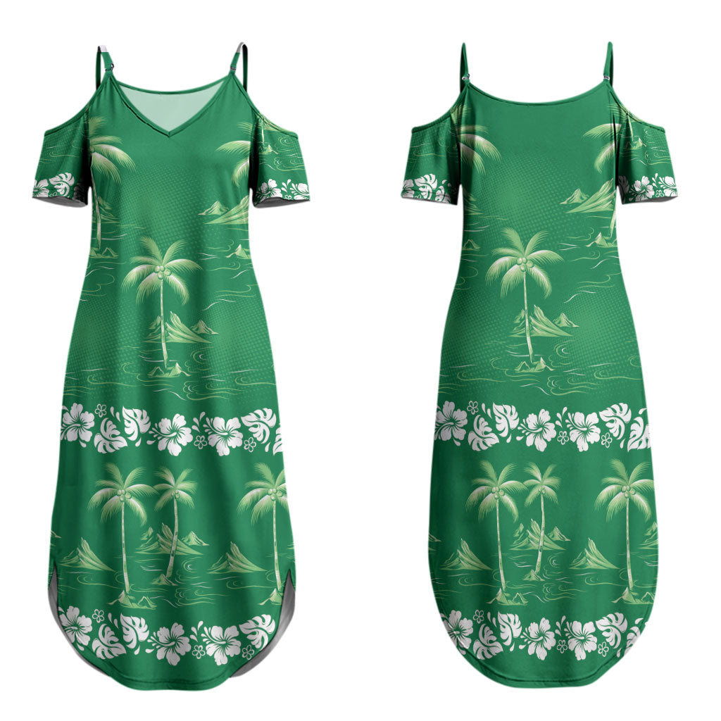 Green Hawaii Palm Tree Hibiscus Family Matching Summer Maxi Dress and Hawaiian Shirt Fantasy Summer Vibe