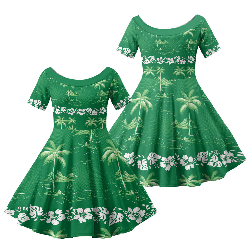 Green Hawaii Palm Tree Hibiscus Family Matching Summer Maxi Dress and Hawaiian Shirt Fantasy Summer Vibe
