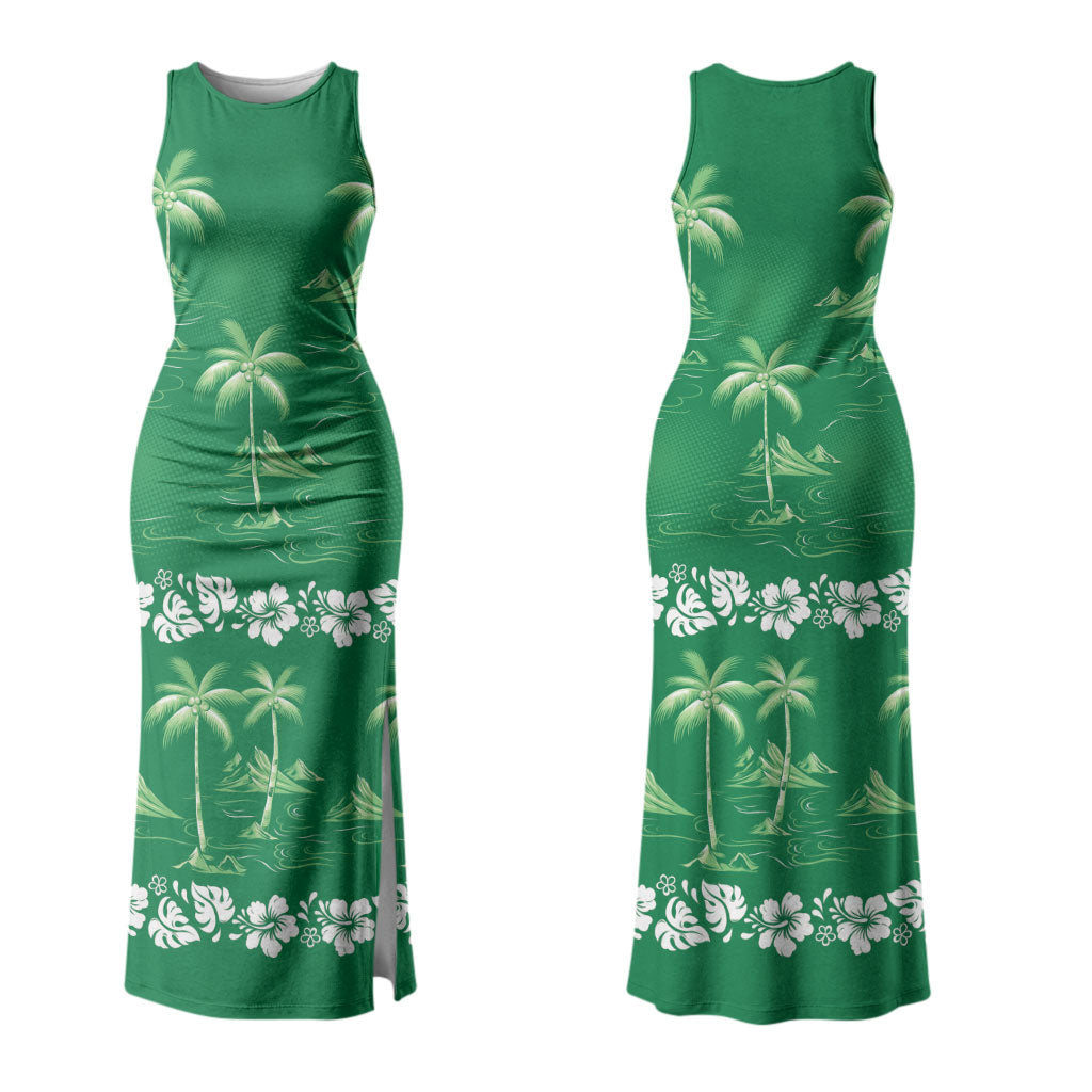 Green Hawaii Palm Tree Hibiscus Family Matching Tank Maxi Dress and Hawaiian Shirt Fantasy Summer Vibe