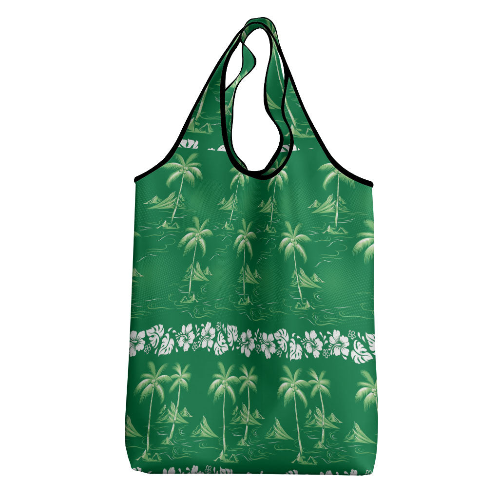 Green Hawaii Palm Tree Hibiscus Grocery Bag Fantasy Summer Vibe