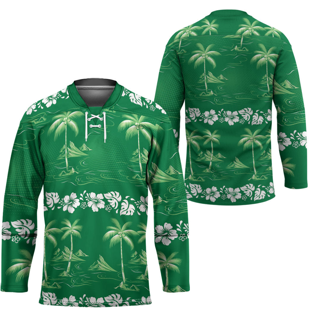 Green Hawaii Palm Tree Hibiscus Hockey Jersey Fantasy Summer Vibe