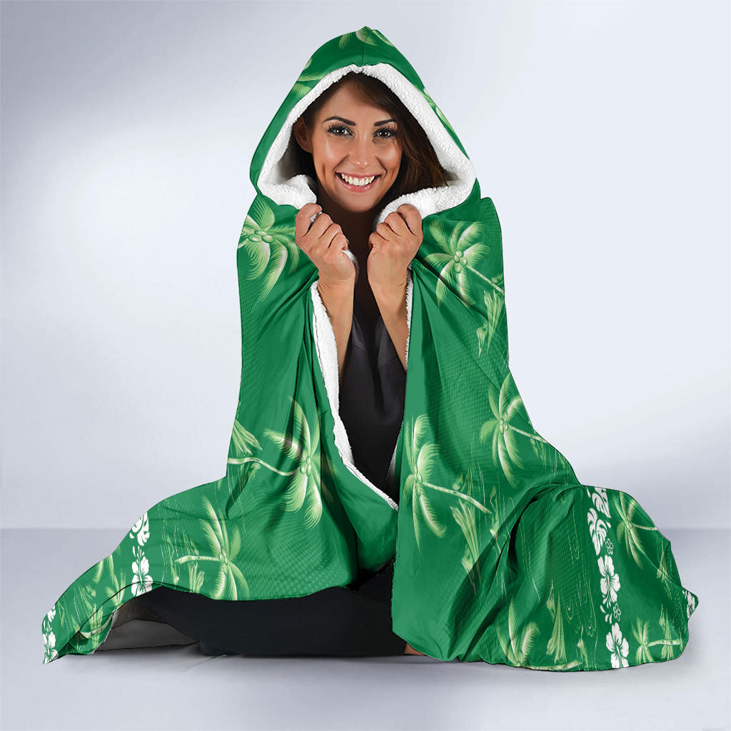 Green Hawaii Palm Tree Hibiscus Hooded Blanket Fantasy Summer Vibe