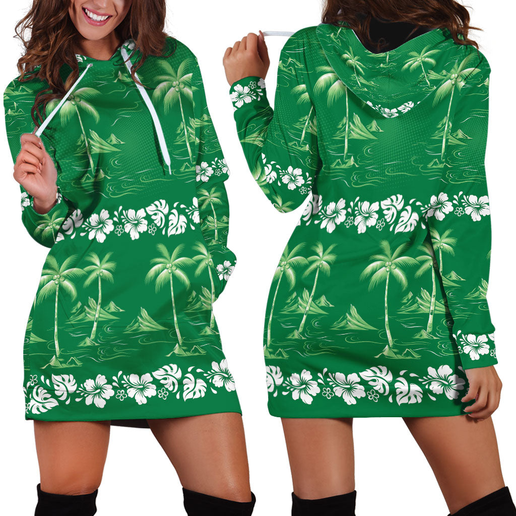 Green Hawaii Palm Tree Hibiscus Hoodie Dress Fantasy Summer Vibe