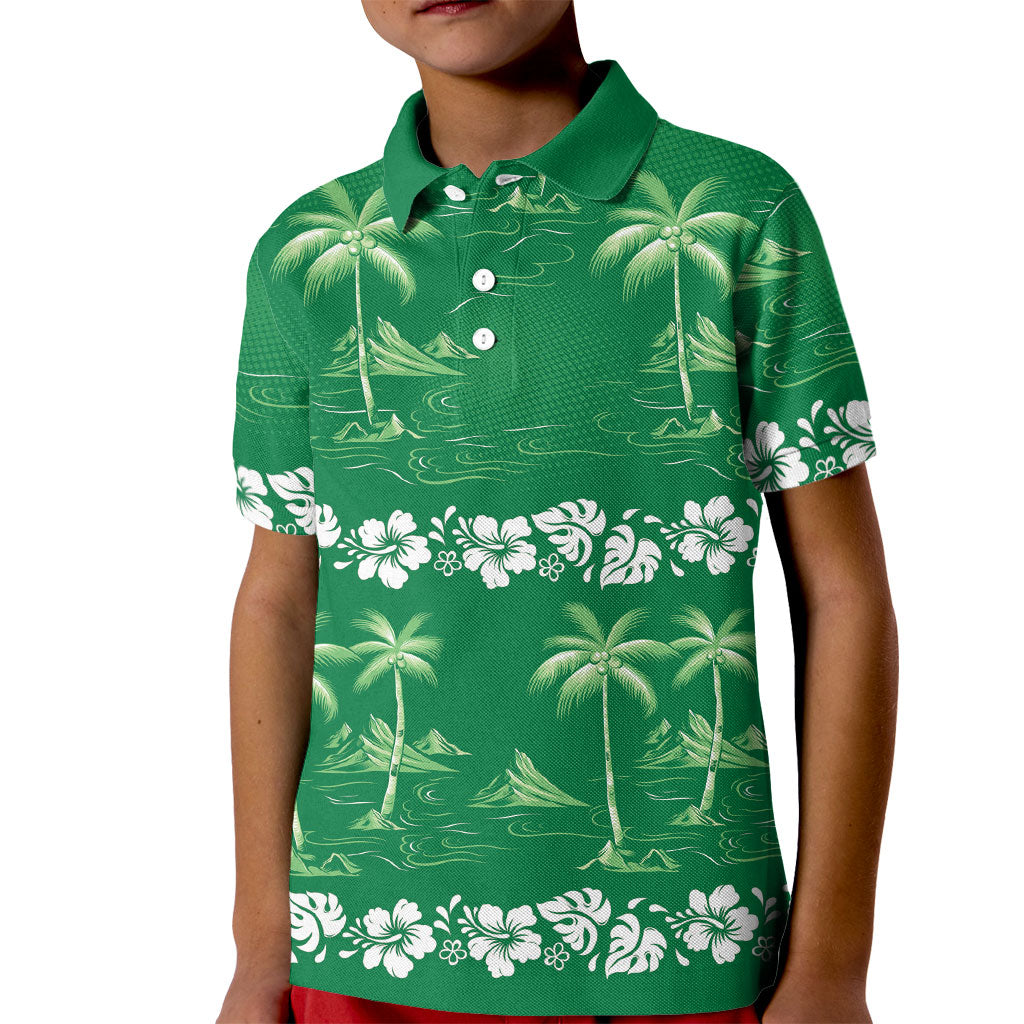 Green Hawaii Palm Tree Hibiscus Kid Polo Shirt Fantasy Summer Vibe