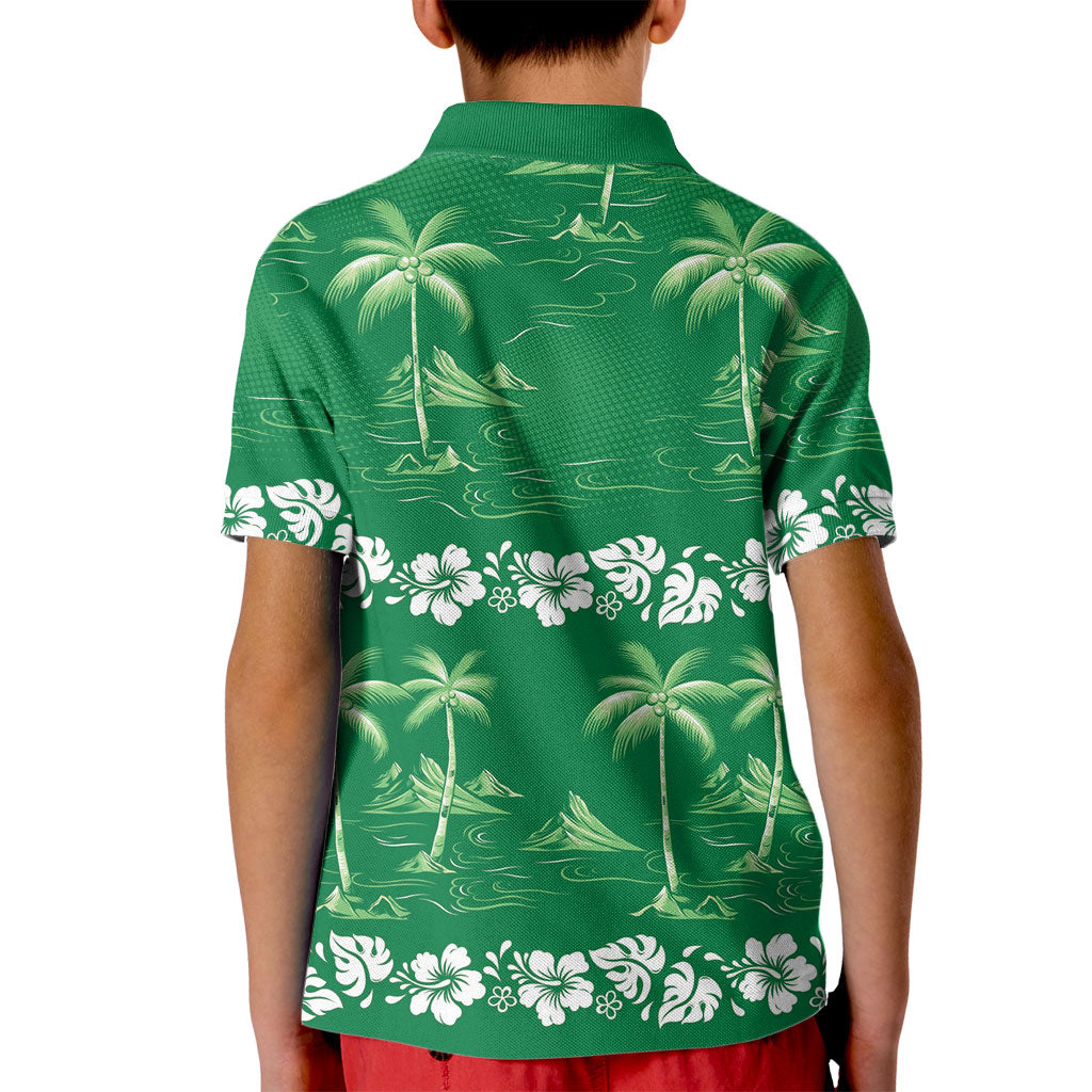 Green Hawaii Palm Tree Hibiscus Kid Polo Shirt Fantasy Summer Vibe