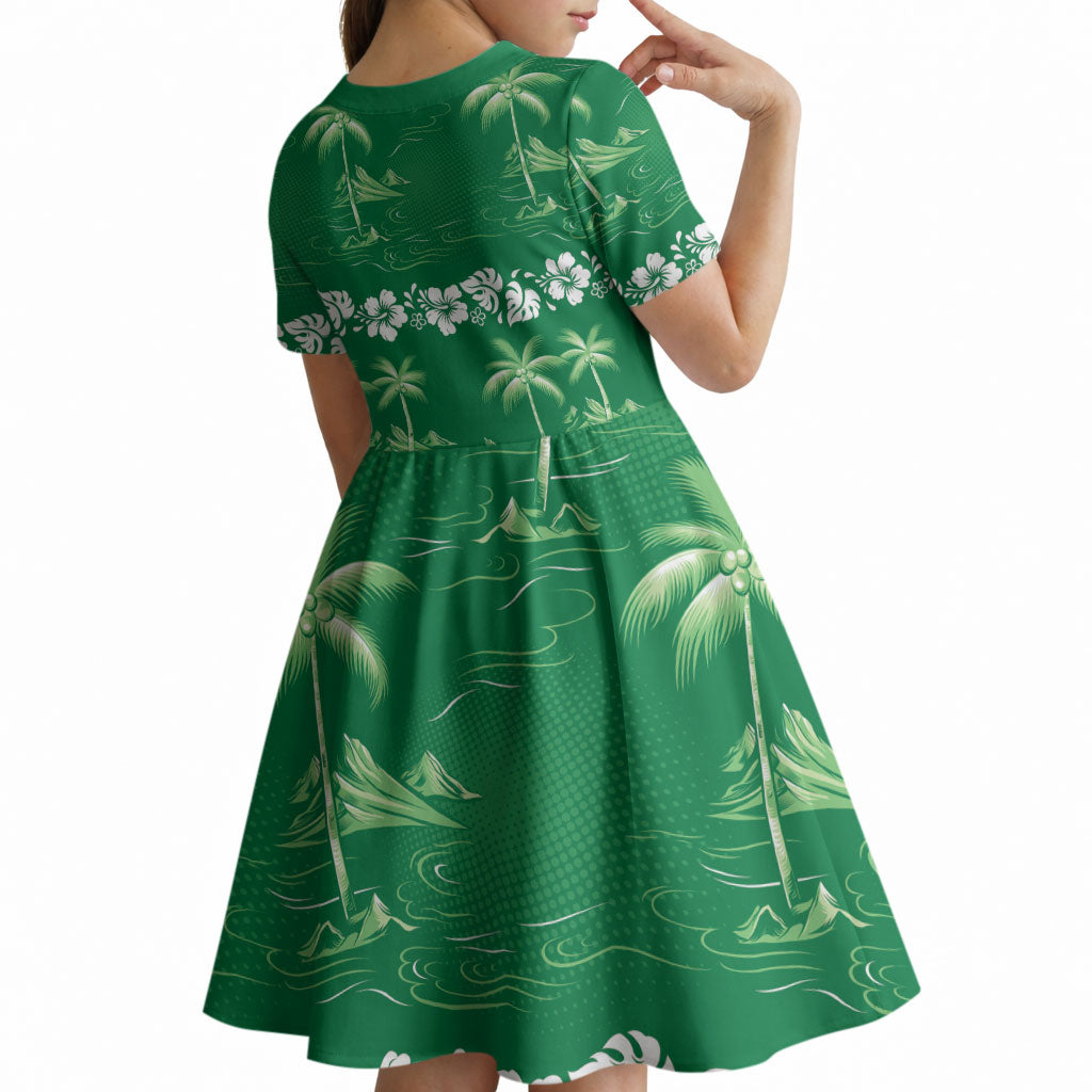 Green Hawaii Palm Tree Hibiscus Kid Short Sleeve Dress Fantasy Summer Vibe