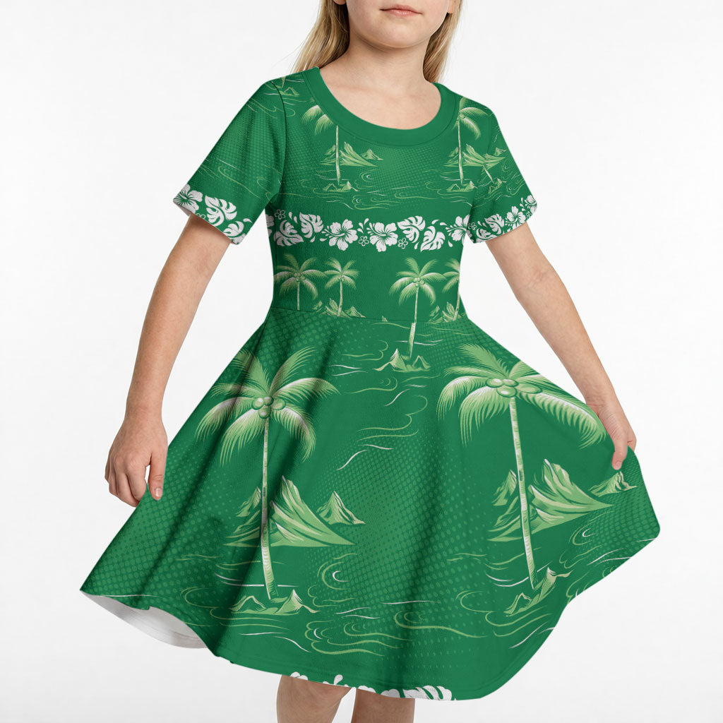 Green Hawaii Palm Tree Hibiscus Kid Short Sleeve Dress Fantasy Summer Vibe