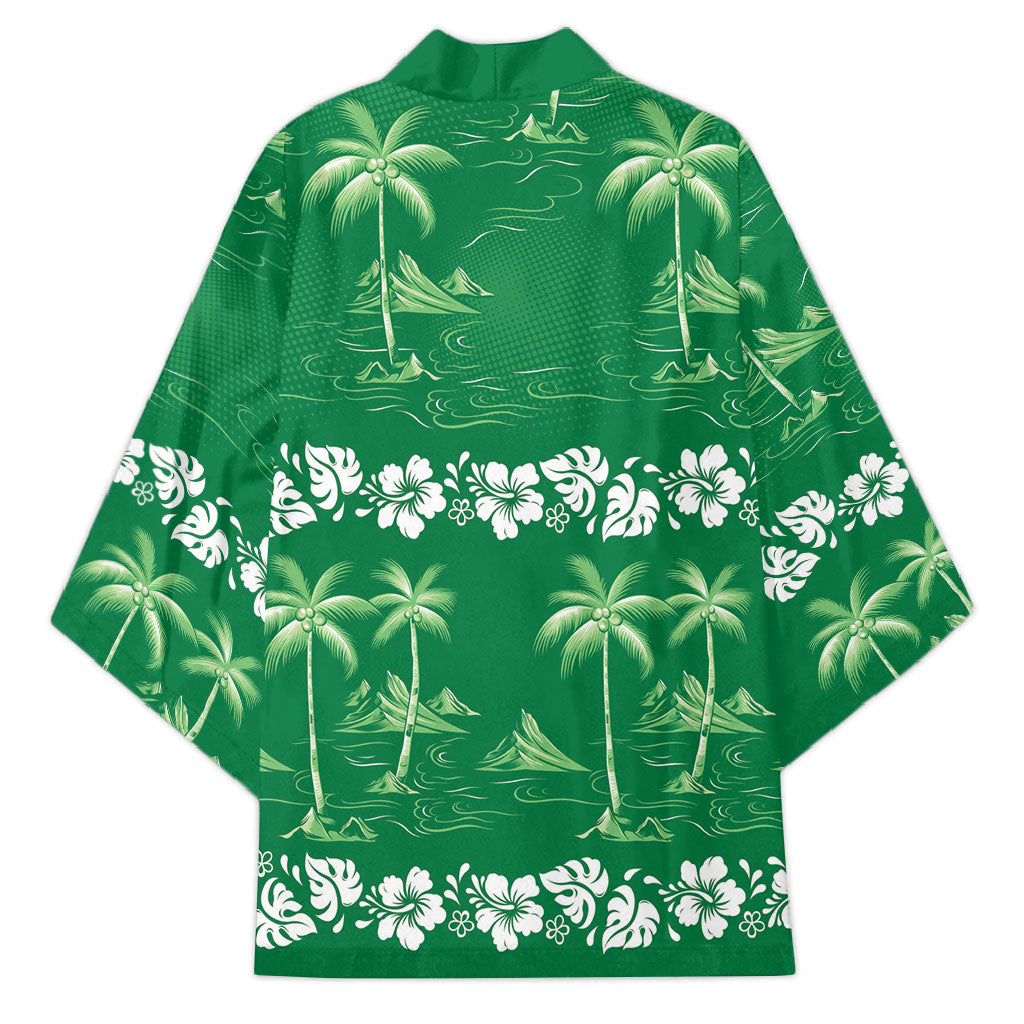 Green Hawaii Palm Tree Hibiscus Kimono Fantasy Summer Vibe