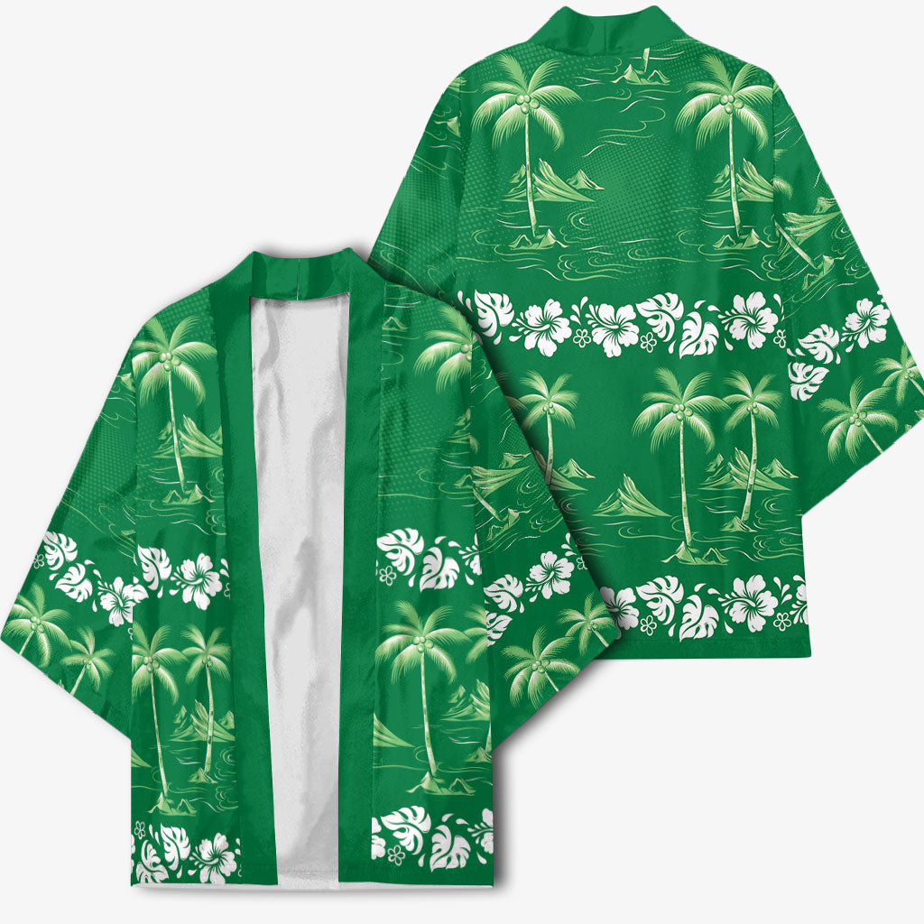 Green Hawaii Palm Tree Hibiscus Kimono Fantasy Summer Vibe