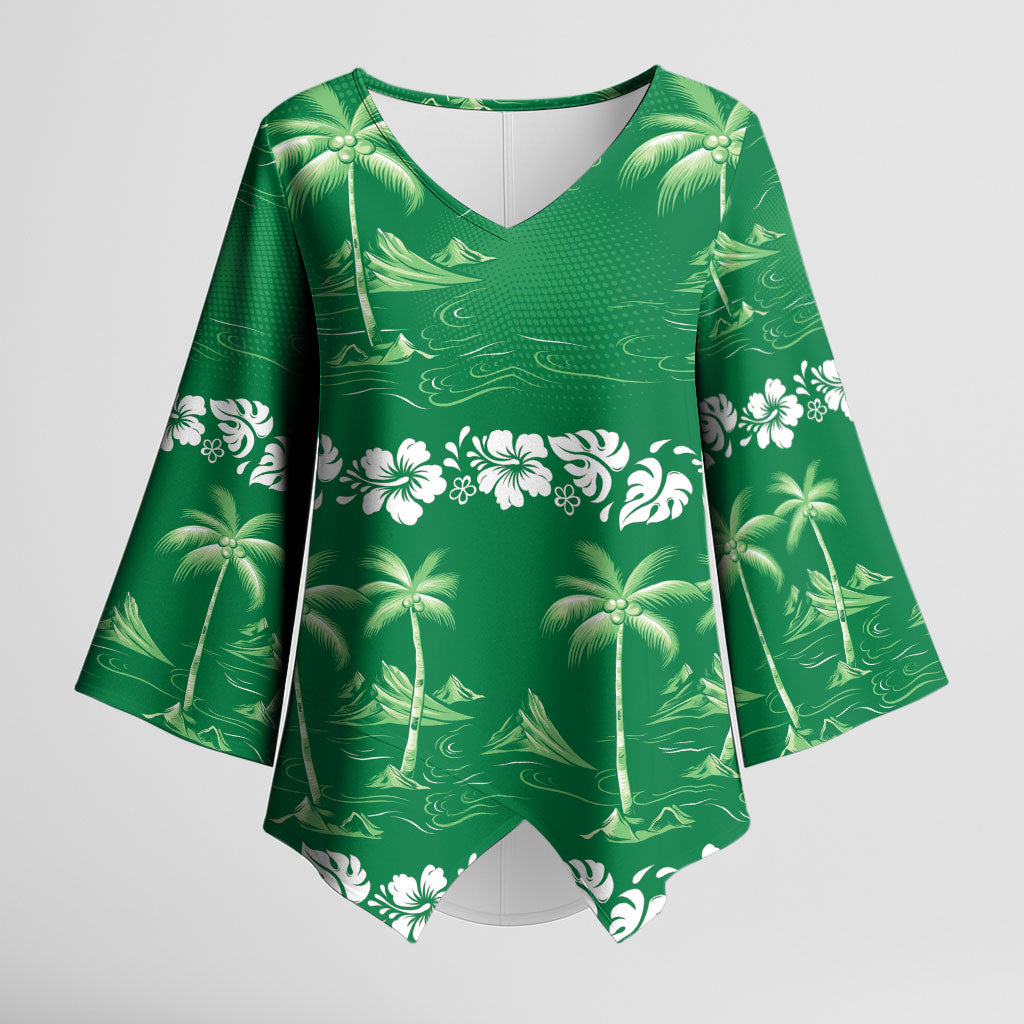 Green Hawaii Palm Tree Hibiscus Kimono Sleeve Blouse Fantasy Summer Vibe