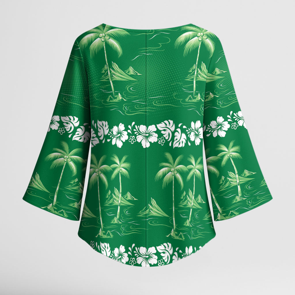 Green Hawaii Palm Tree Hibiscus Kimono Sleeve Blouse Fantasy Summer Vibe
